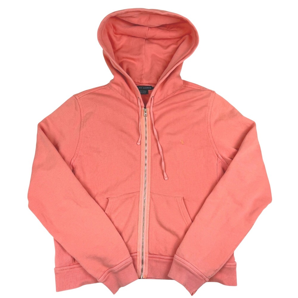 Polo Ralph Lauren Women's L Coral‎ Pink Full Zip Hoodie Cotton Blend Pony Logo